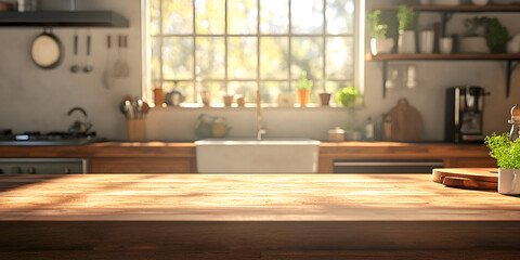 Bright Home Kitchen Interior with Wooden Island and Sunlight