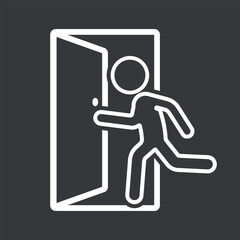 Isolated emergency exit minimal pictogram with running figure and flames, fire escape direction for building safety, evacuation guidance