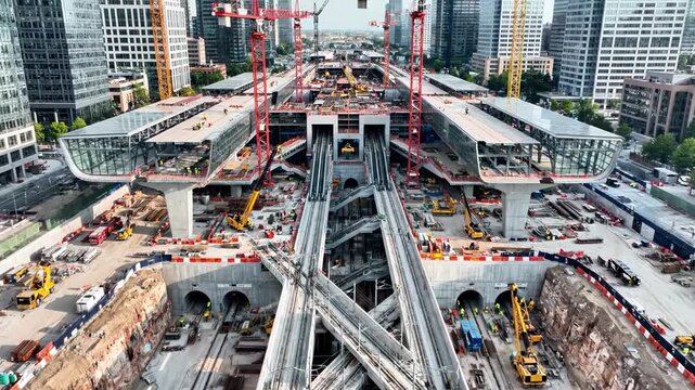 Aerial view of a complex urban construction site with multiple elevated roads and tunnels under development