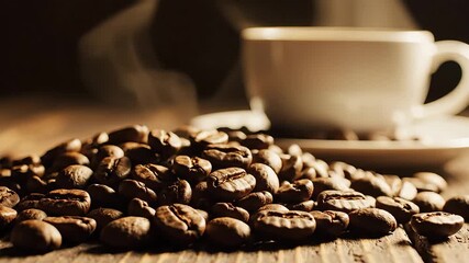 A closeup shot of aromatic roasted coffee beans piled on a rustic wooden table with a steaming hot cup of coffee gently blurred in the background evoking a cozy and inviting morning or break time atm.