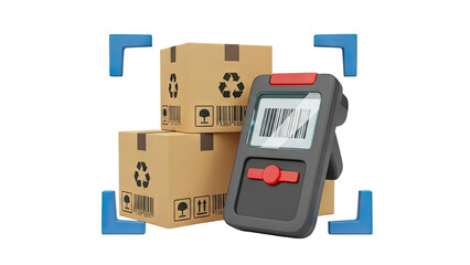 3D Barcode scanner and cargo boxes icon on transparent background