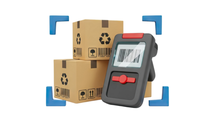 3D Barcode scanner and cargo boxes icon on transparent background