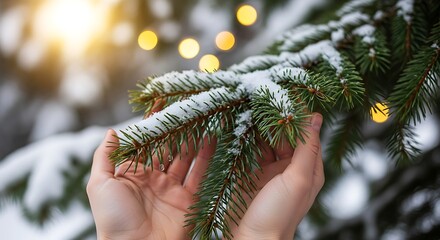 Gentle hands caress a snow-dusted evergreen branch, illuminated by warm sunlight and soft bokeh lights, capturing the serene and hopeful essence of the winter season