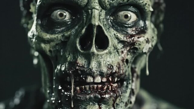 Creepy zombie close-up with open mouth and goo.