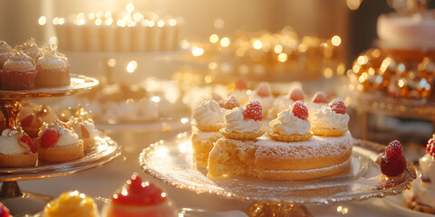 Elegant Dessert Table with Cakes and Pastries in Warm Festive Light