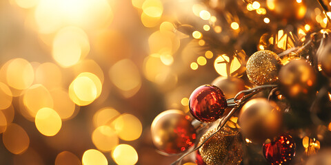 Festive Christmas Tree Ornaments with Golden Bokeh Lights