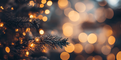 Christmas Tree Branch with Warm Golden Lights and Bokeh