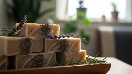 Stacked handmade soaps with lavender and rosemary