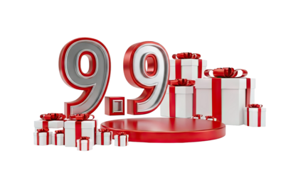 3D 9.9 Shopping Festival Promotion with Gifts and Podium on transparent background