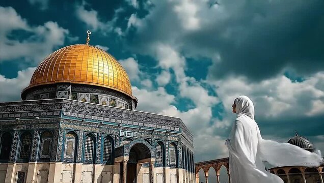 Muslim Woman Standing Before the Dome of the Rock in Jerusalem Under Cloudy Sky