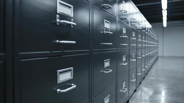 Vast Rows of Metal Filing Cabinets Stretching into the Distance in an Office Archive