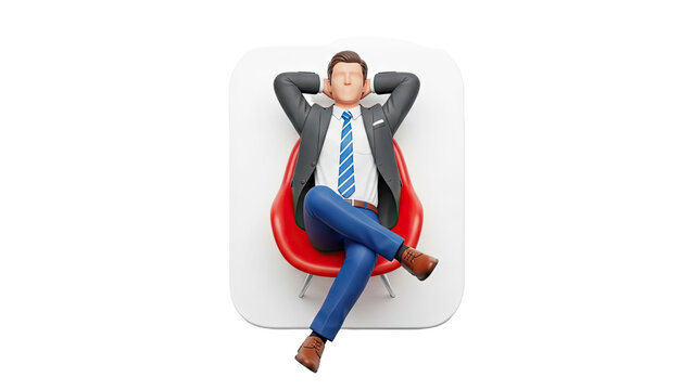 3D Businessman relaxing in chair with hands behind head on transparent background