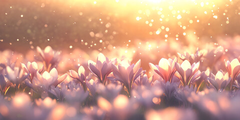 Purple Spring Flowers in Golden Sunlight with Soft Bokeh