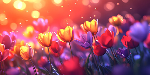 Colorful Spring Tulip Field with Soft Light and Dreamy Bokeh