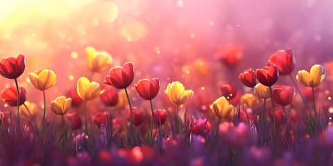 Colorful Spring Tulip Field with Soft Light and Dreamy Bokeh