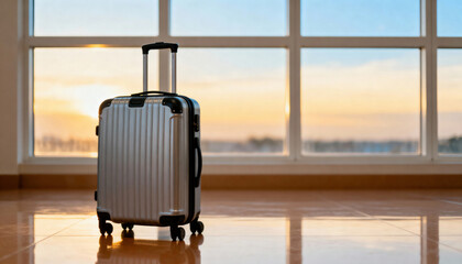 Silver suitcase stands on a glossy airport or terminal floor near large windows at sunset, evoking travel and transit with warm light and shallow reflections, with open space in the composition availa