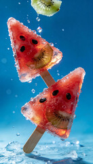 Watermelon popsicles meld juicy fruit and kiwi slices with visible ice crystals and water droplets against a blue backdrop, with clear negative space available for text or design elements