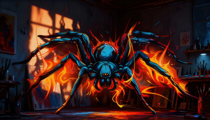 Giant blue spider with fiery legs and glowing embers appears in a moody artist studio, surrounded by brushes and canvases, and there is shadowed wall space available for text or graphic elements