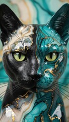 Cat with glossy black fur and marbled turquoise and gold pattern across the face and neck, piercing yellow-green eyes and delicate whiskers combine to form a surreal decorative subject for design and 