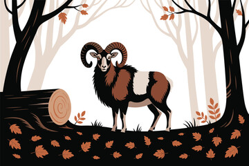 Wild Mouflon Ram in a Stylized Autumn Woodland, nature concept