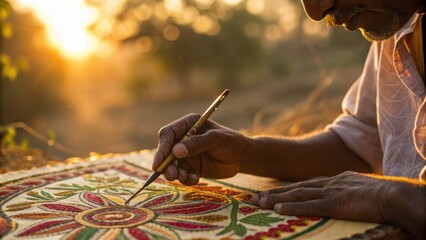 Fototapeta premium Indian street calligrapher creates intricate floral design on canvas outdoors at sunset with focused expression and traditional technique