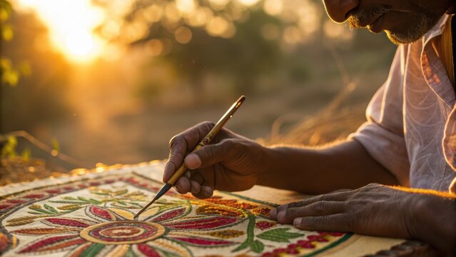 Indian street calligrapher creates intricate floral design on canvas outdoors at sunset with focused expression and traditional technique