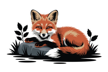 Red Fox Resting on a Rock in a Stylized Forest Setting, animal life concept
