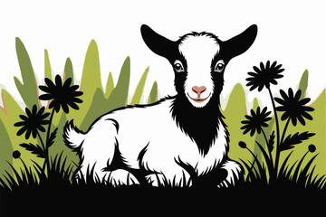Cute Baby Goat Resting in Green Grass with Flowers, cute animal concept