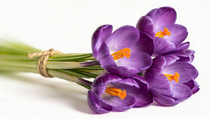 Purple crocuses tied together with natural twine lie on a clean white surface. Orange stamens contrast with velvety violet petals. Simple composition evokes spring, floral gifts, botanical and seasona