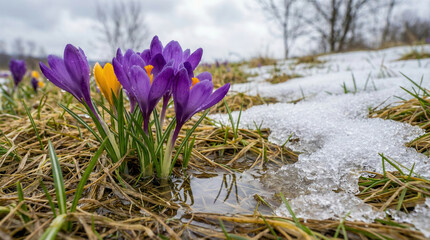 Crocuses push through thawing snow and soggy grass in an early spring field. Small purple and yellow blooms signal seasonal change and renewal. Melting puddles and cloudy sky create a cold, wet atmosp