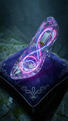 Glass slipper rests on an embroidered velvet cushion in a dim stone chamber. Neon-like ribbons of pink and blue light swirl inside the transparent shoe, casting reflections and a soft glow on the surr