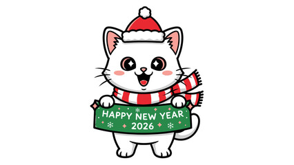 White cat celebrating New Year 2026 with scarf and sign.