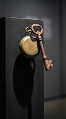 Antique key and brass pocket watch rest on a dark pedestal with directional lighting and deep shadow, evoking history and mystery, with negative space on the right available for text or design