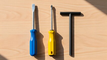 Three tools aligned on a wooden surface, showcasing detail and craftsmanship
