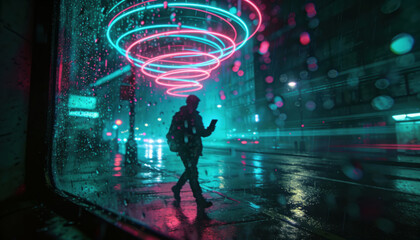 Man walks beneath glowing neon spiral lights on a wet city street at night, silhouetted with reflections on rain-slick pavement. Blurred background and open dark area provide clear space for text and 