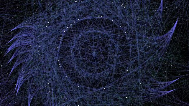 Chaotic and dense web of violet-tinted lines and glowing white nodes. The animation creates a thick, swirling vortex of connectivity that appears like a massive, tangled neural network or a deep-space