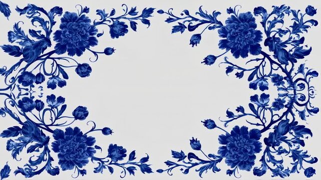 Ornate blue floral design borders a white background. Stylized flowers, buds, and leaves create the pattern