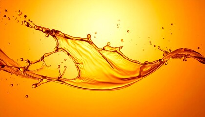 Golden Amber Liquid Splash with Dynamic Wave and Droplets on Bright Orange Yellow Gradient Background, High-Speed Abstract Fluid Motion