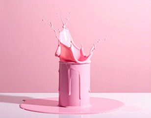 A vibrant pink liquid splashes dramatically upward from a cylindrical container, creating a captivating display against a matching backdrop