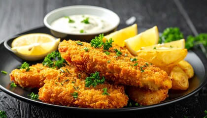 Crispy golden fried fish fillets and potato chips served with lemon wedges, fresh parsley, and a white dipping sauce on a black plate.
