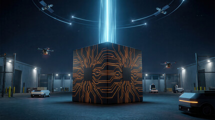 Futuristic data cube glows with circuit patterns in a secured night compound. Autonomous vehicles and drones move around the central unit under a vertical beam of light. Cool blue lighting and fencing