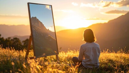 Woman sits facing away in a golden field at sunset, looking at a mirror reflecting mountains and blue sky on an easel.