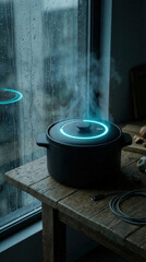 Smart cooking pot steams on a rustic wooden table beside a rain-streaked window. Soft cyan indicator light encircles the lid as vapor rises. Cozy interior mood suggests quiet domestic cooking and mode