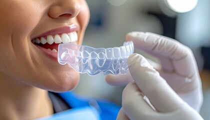 Smiling Woman Preparing to Use Clear Dental Aligner for Orthodontic Treatment