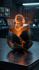 Holographic chick hovers above a cracked high-tech egg on a metal table in a dim laboratory. Neon orange projection outlines digital circuitry and reflective surfaces. Scene conveys experimental techn