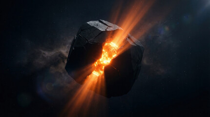 Asteroid breaks apart in deep space exposing a glowing molten core and streaming fiery debris. Surrounding cosmic dust and distant stars form a dark nebula backdrop. Composition suggests energetic fra