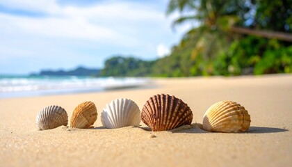 Five natural seashells lined up on a sun-drenched tropical sandy beach with blurred ocean waves and palm trees.
