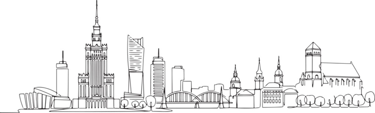 Warsaw city skyline continuous black single line art illustration isolated