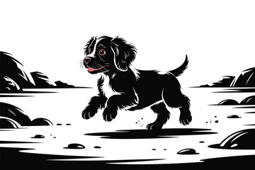 Joyful Puppy Sprinting Through a Stylized Landscape, happiness concept