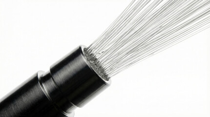 Fiber optic cable end with fanned glass fibers in close-up for technology and connectivity contexts. The detailed strands emphasize precision engineering and light transmission components used in comm